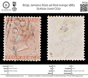 8039: Jamaica SG22 4d Red orange 1883 Sc#22a Used C£22