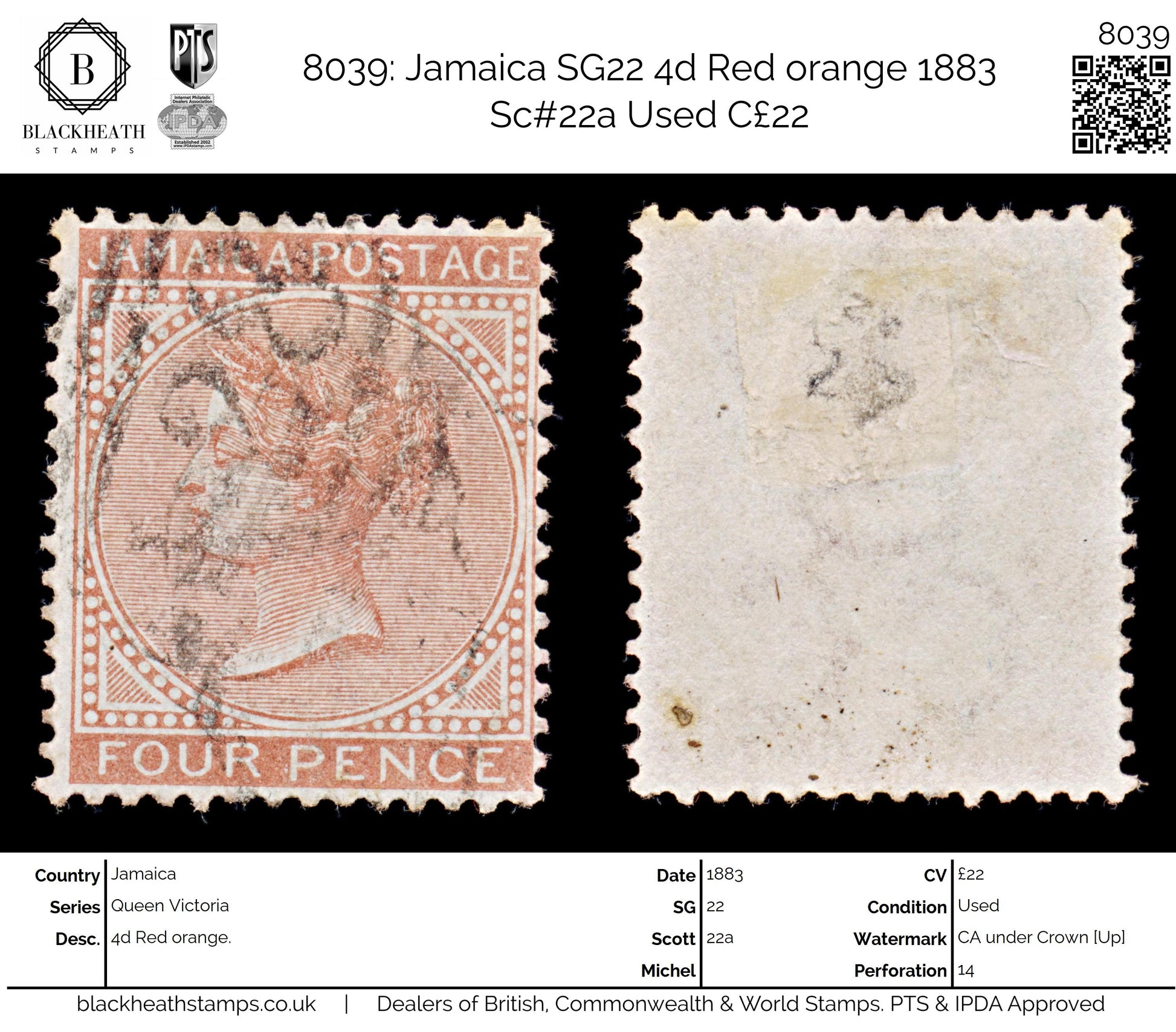 8039: Jamaica SG22 4d Red orange 1883 Sc#22a Used C£22