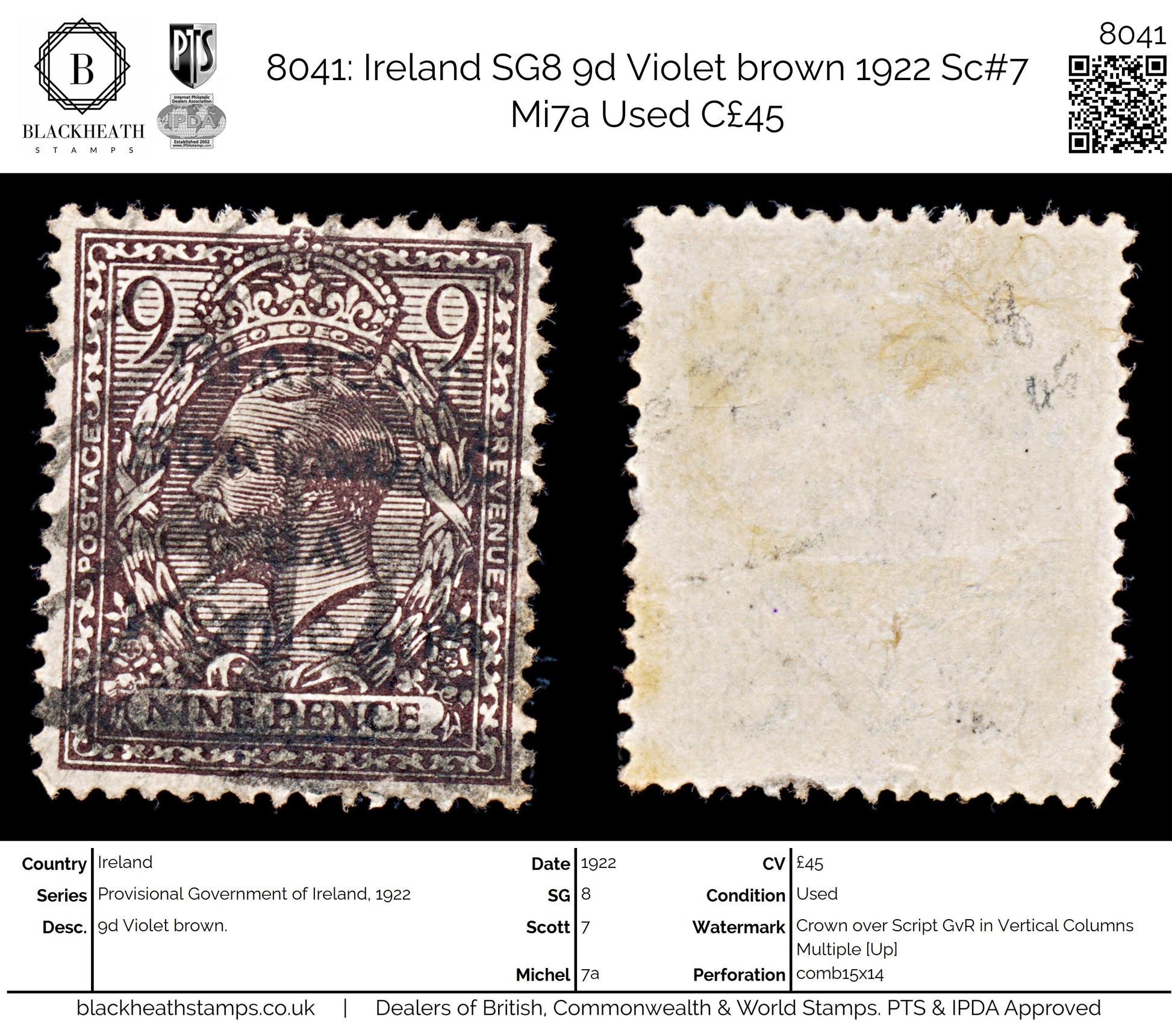 8041: Ireland SG8 9d Violet brown 1922 Sc#7 Mi7a Used C£45