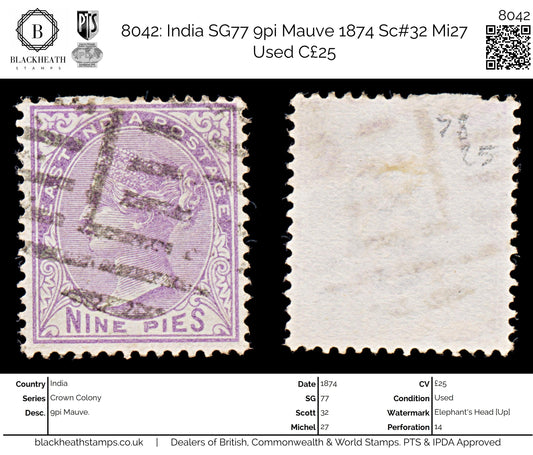 8042: India SG77 9pi Mauve 1874 Sc#32 Mi27 Used C£25