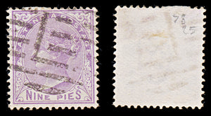 8042: India SG77 9pi Mauve 1874 Sc#32 Mi27 Used C£25