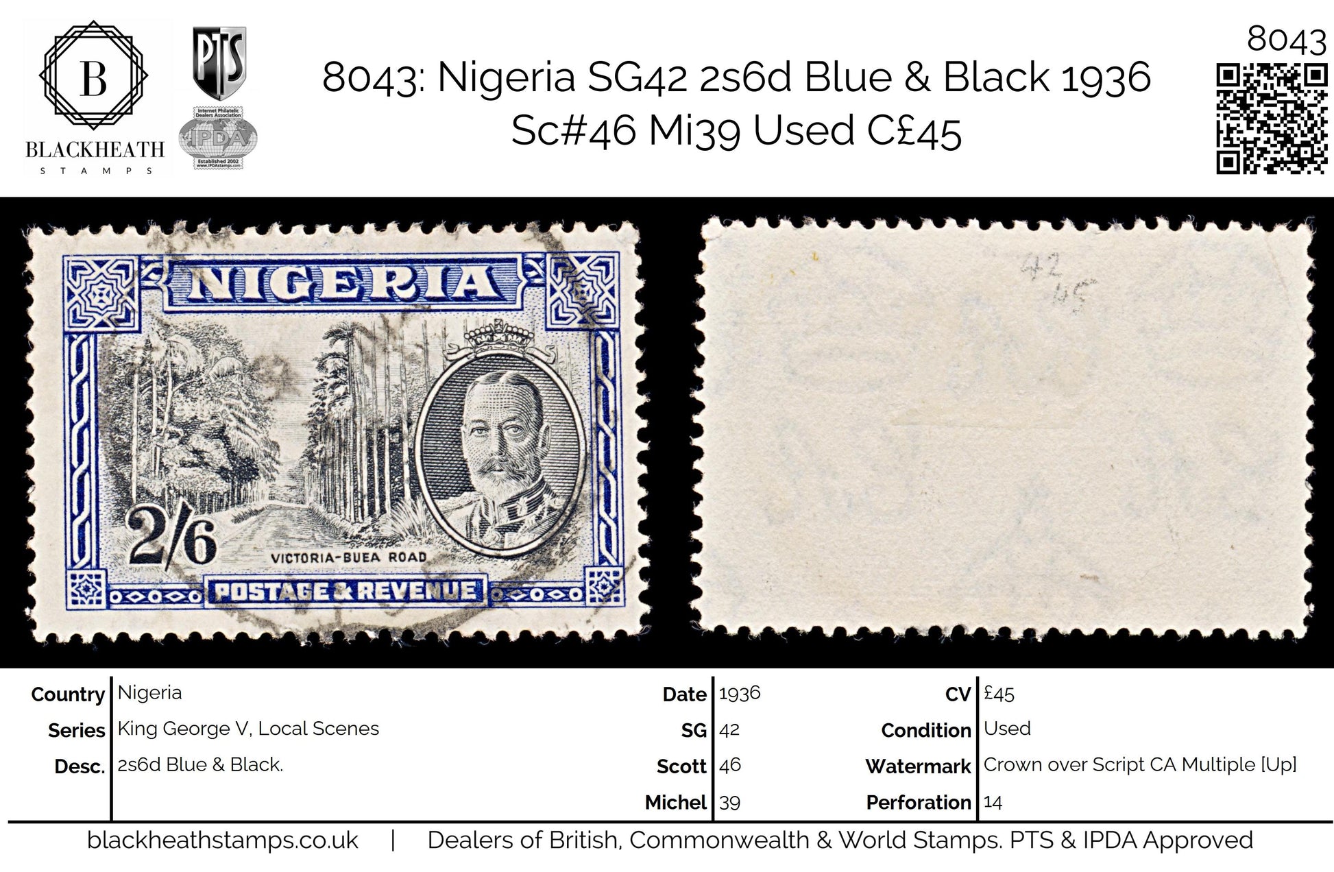 8043: Nigeria SG42 2s6d Blue & Black 1936 Sc#46 Mi39 Used C£45