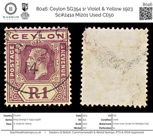 8046: Ceylon SG354 1r Violet & Yellow 1923 Sc#241a Mi201 Used C£50