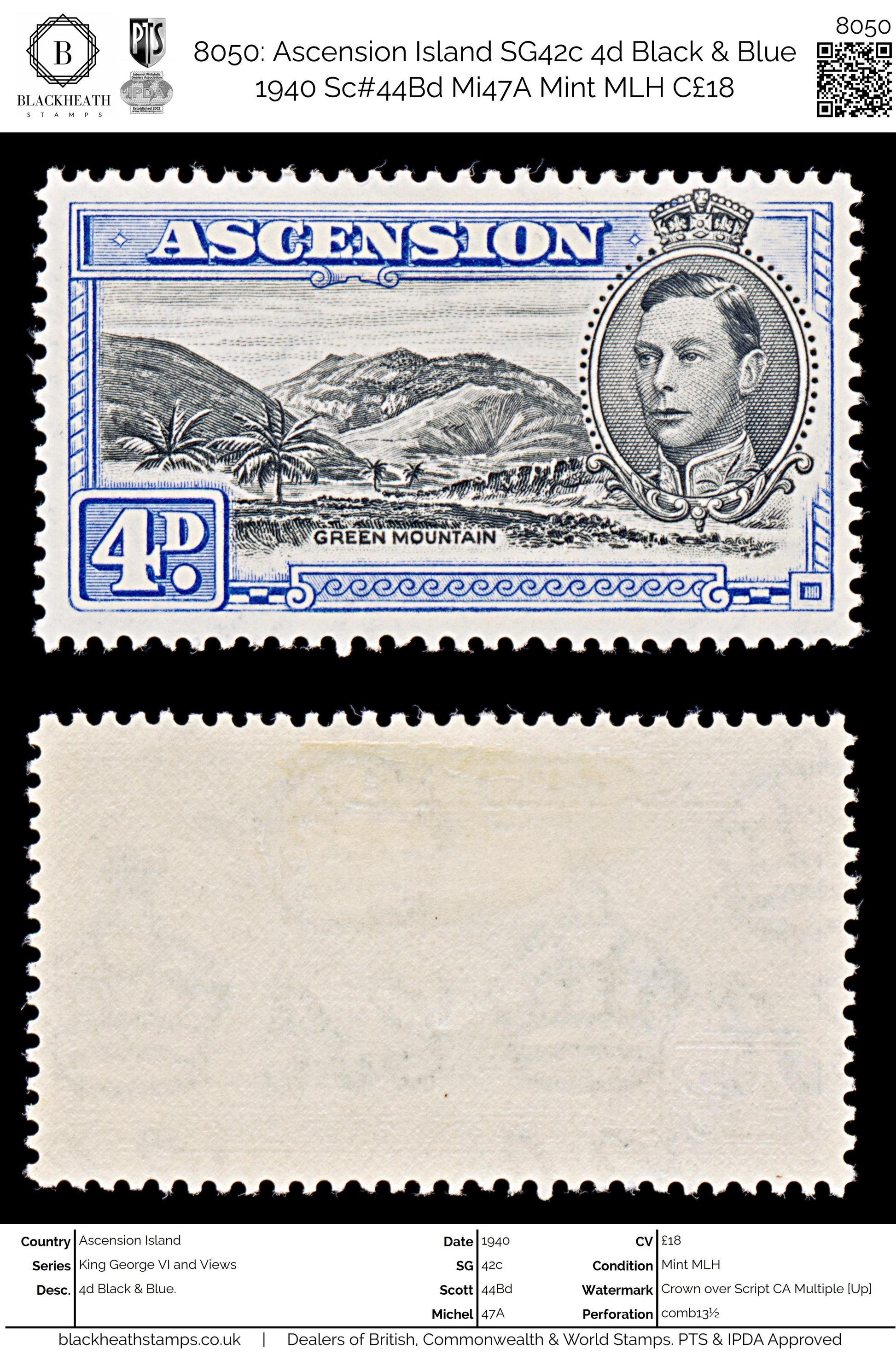 8050: Ascension Island SG42c 4d Black & Blue 1940 Sc#44Bd Mi47A Mint MLH C£18