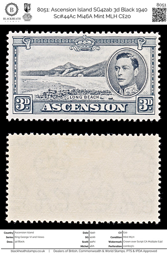 8051: Ascension Island SG42ab 3d Black 1940 Sc#44Ac Mi46A Mint MLH C£20