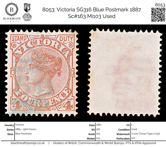 8053: Victoria SG316 Blue Postmark 1887 Sc#163 Mi103 Used