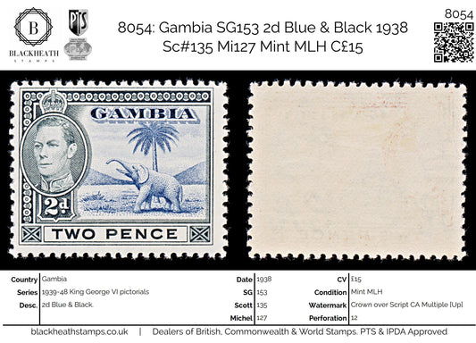 8054: Gambia SG153 2d Blue & Black 1938 Sc#135 Mi127 Mint MLH C£15