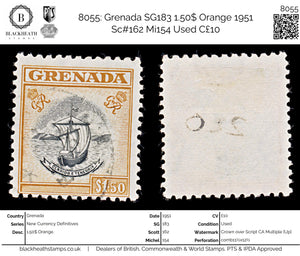 8055: Grenada SG183 1.50$ Orange 1951 Sc#162 Mi154 Used C£10