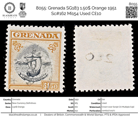 8055: Grenada SG183 1.50$ Orange 1951 Sc#162 Mi154 Used C£10