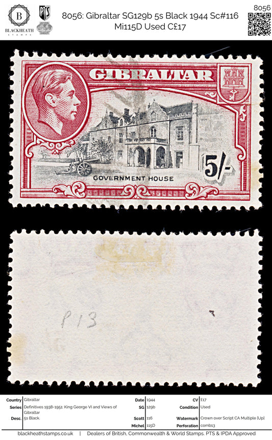 8056: Gibraltar SG129b 5s Black 1944 Sc#116 Mi115D Used C£17