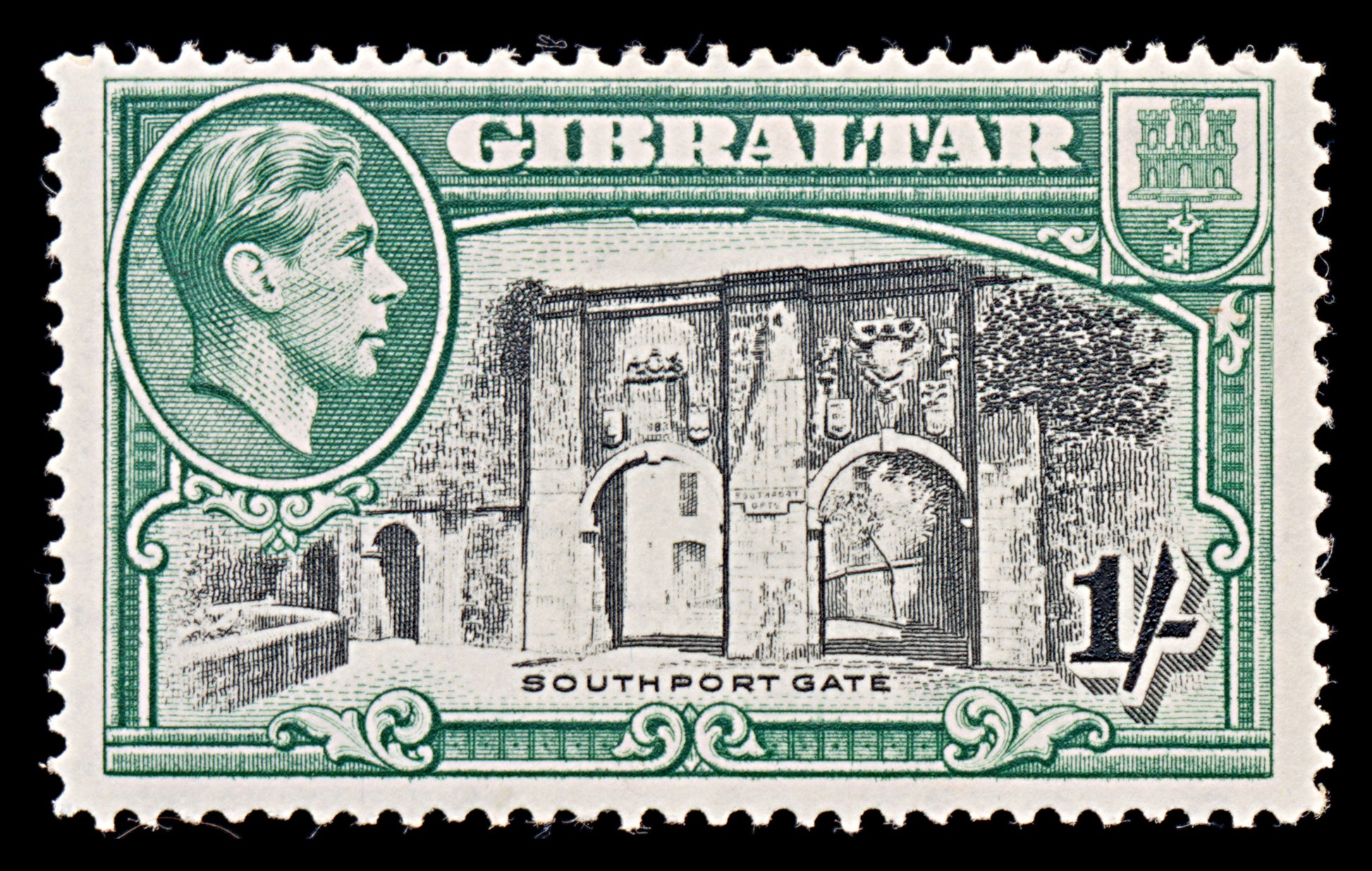 8057: Gibraltar SG127 1s Green & Black 1938 Sc#114a Mi113B Mint MH C£45
