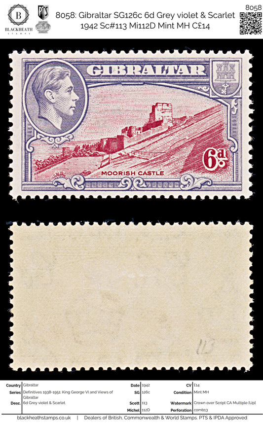 8058: Gibraltar SG126c 6d Grey violet & Scarlet 1942 Sc#113 Mi112D Mint MH C£14