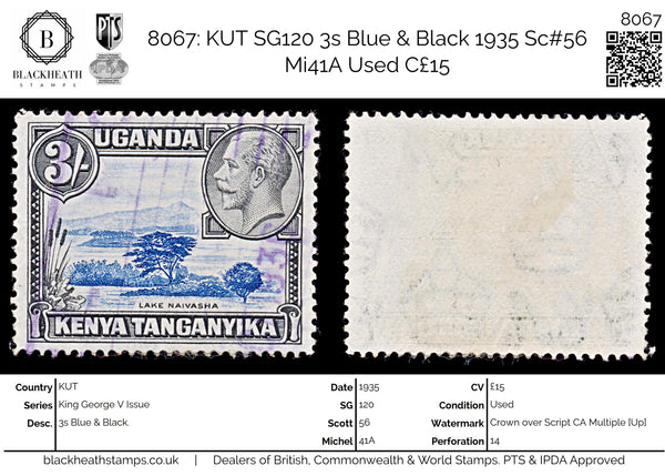 8067: KUT SG120 3s Blue & Black 1935 Sc#56 Mi41A Used C£15