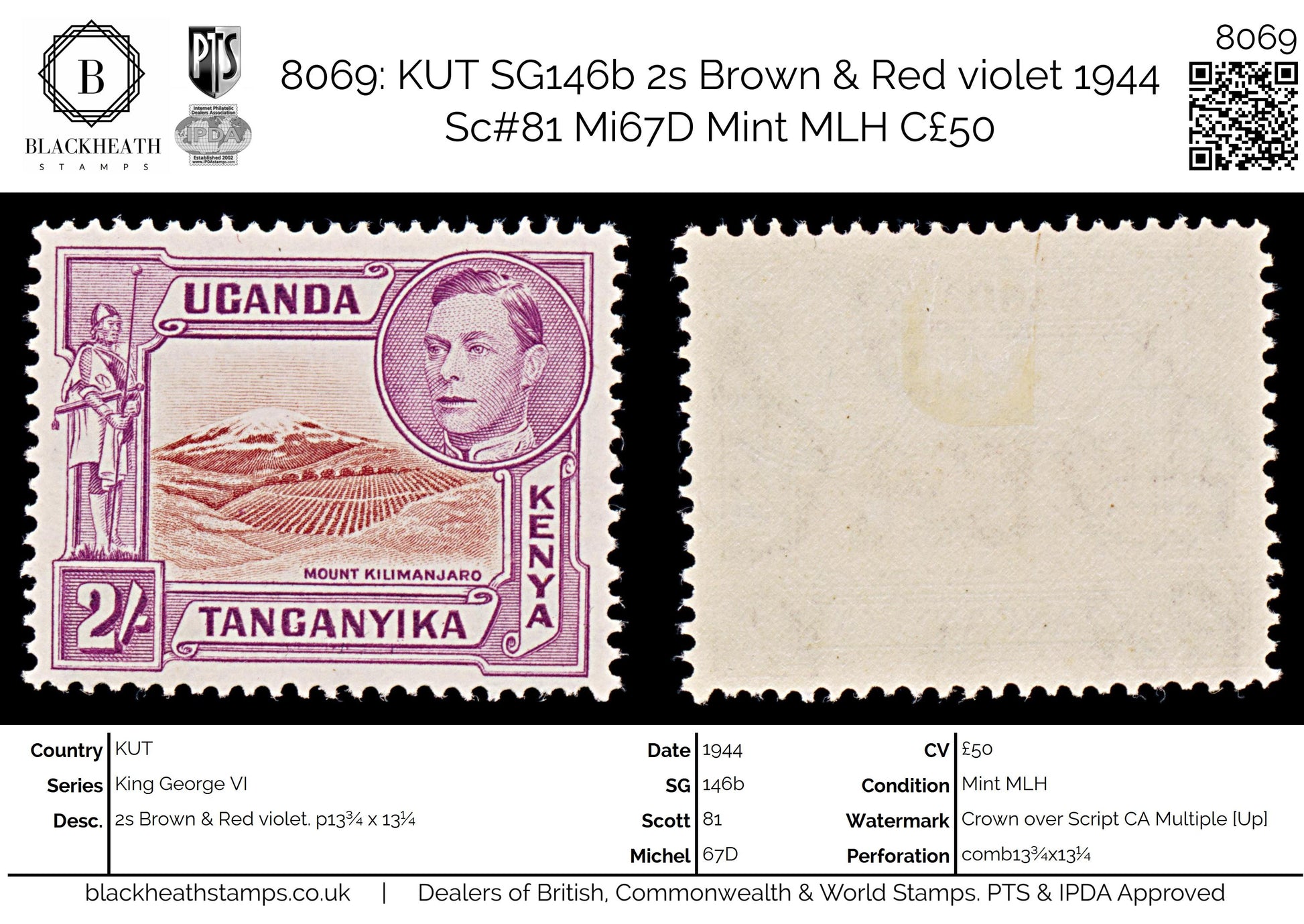 8069: KUT SG146b 2s Brown & Red violet 1944 Sc#81 Mi67D Mint MLH C£50