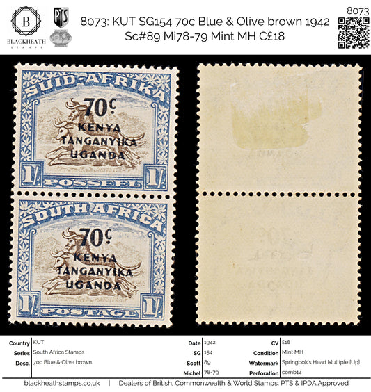 8073: KUT SG154 70c Blue & Olive brown 1942 Sc#89 Mi78-79 Mint MH C£18
