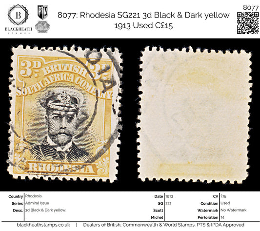 8077: Rhodesia SG221 3d Black & Dark yellow 1913 Used C£15