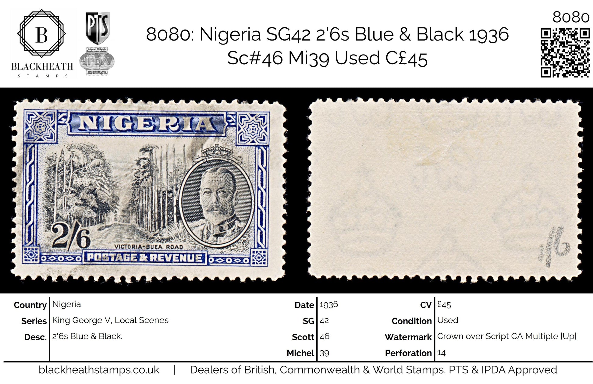 8080: Nigeria SG42 2'6s Blue & Black 1936 Sc#46 Mi39 Used C£45