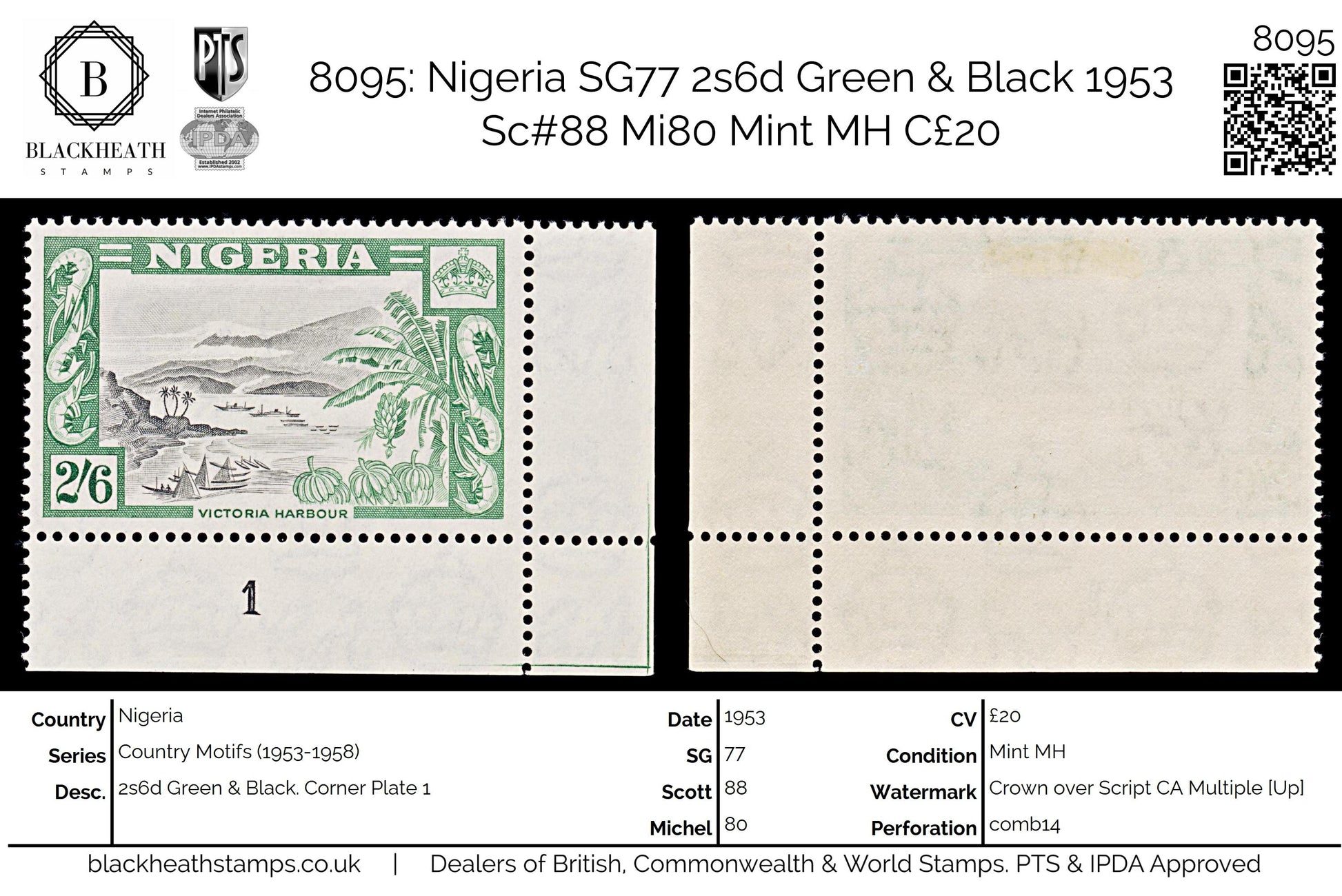 8095: Nigeria SG77 2s6d Green & Black 1953 Sc#88 Mi80 Mint MH C£20