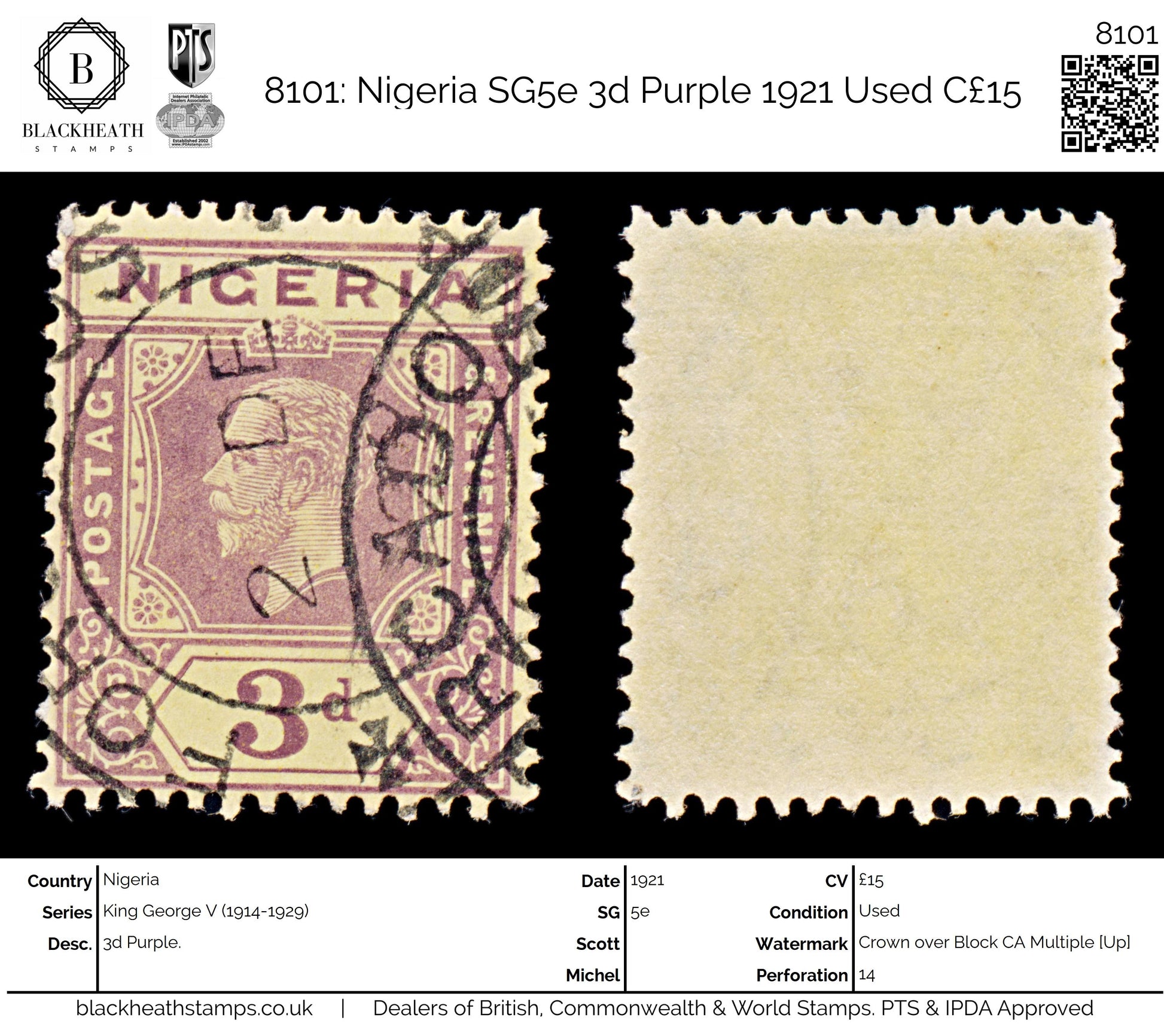 8101: Nigeria SG5e 3d Purple 1921 Used C£15