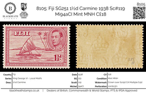 8105: Fiji SG251 1½d Carmine 1938 Sc#119 Mi94aCI Mint MNH C£18