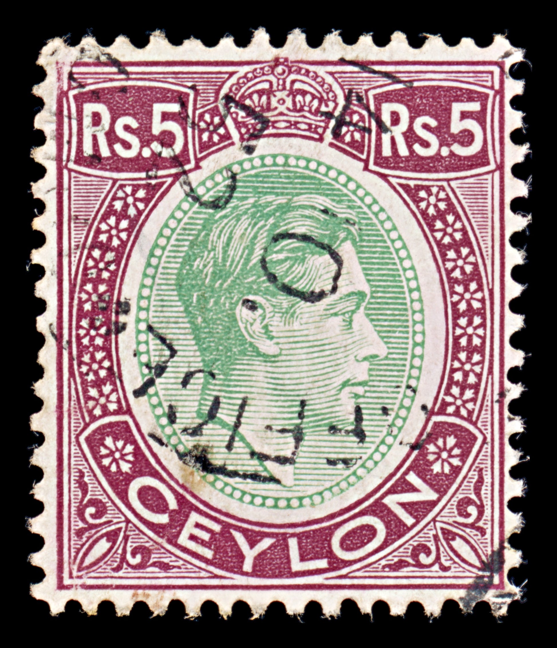 8107: Ceylon SG397 5r Green & Purple 1938 Mi242a Used C£23