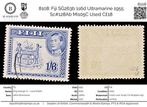 8108: Fiji SG263b 1s6d Ultramarine 1955 Sc#128Ab Mi105C Used C£18