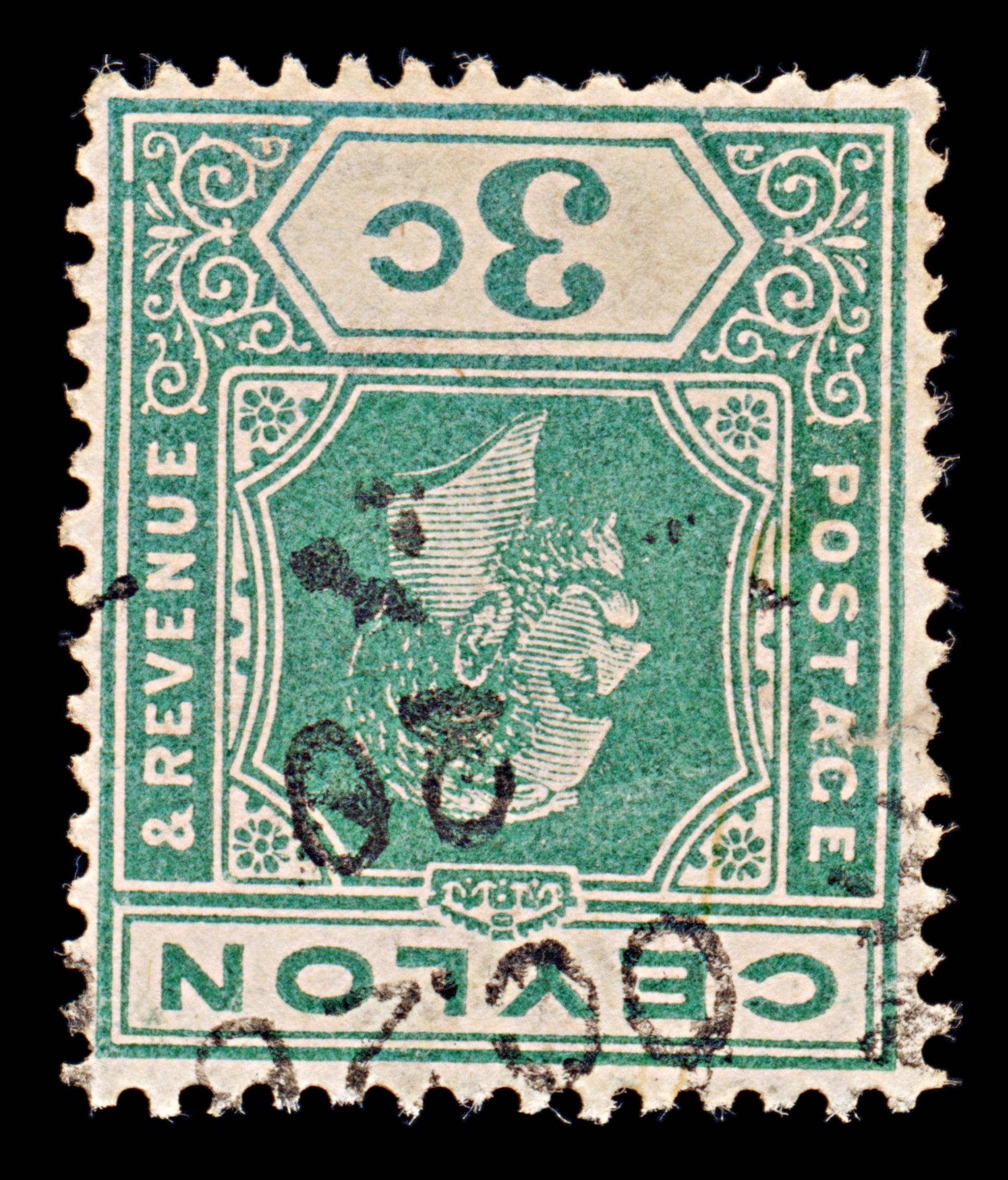 8111: Ceylon SG302 3c Blue green 1919 Sc#202 Mi167b Used C£45
