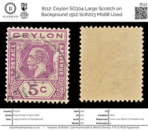 8112: Ceylon SG304 Large Scratch on Background 1912 Sc#203 Mi168 Used