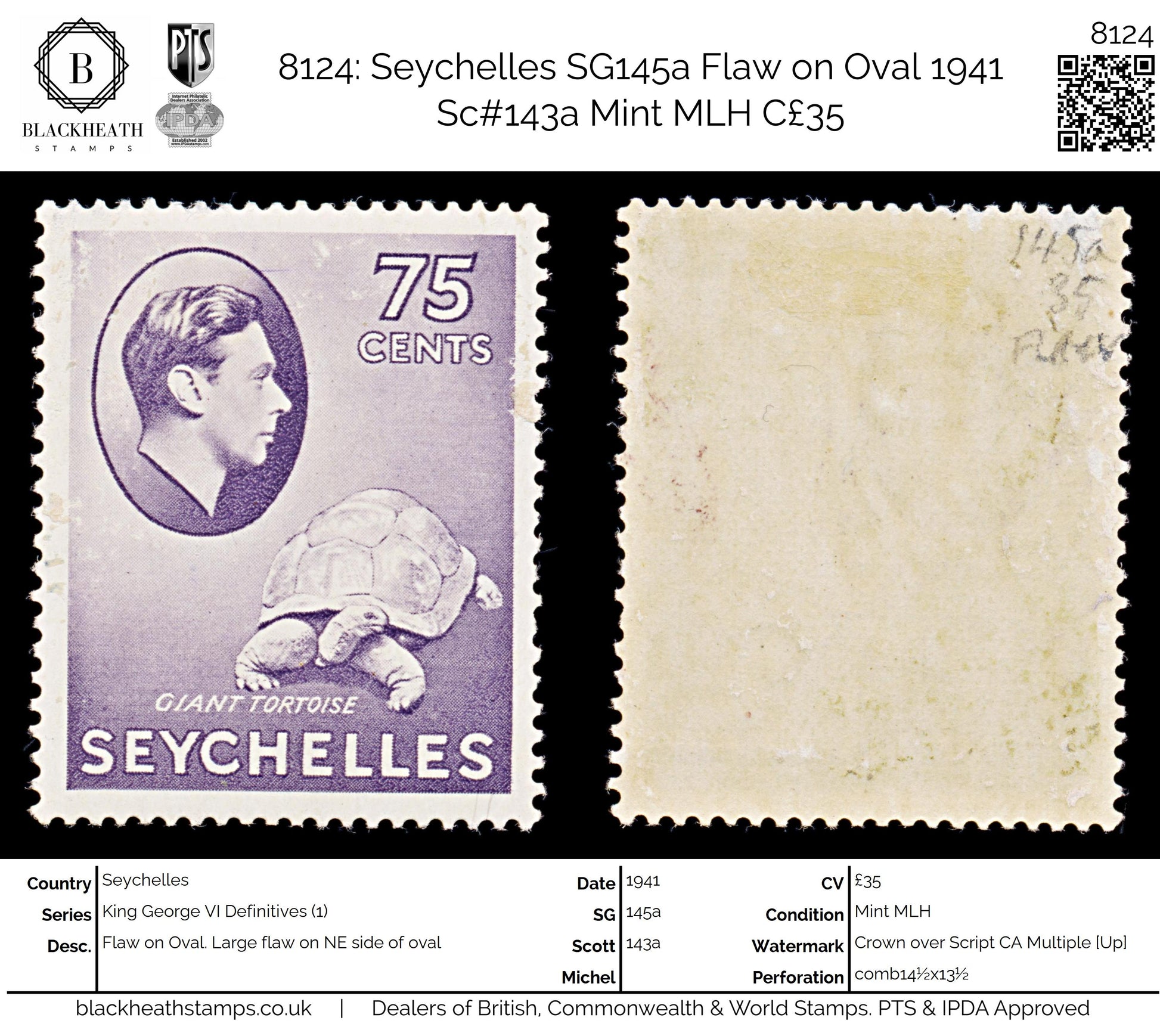 8124: Seychelles SG145a Flaw on Oval 1941 Sc#143a Mint MLH C£35
