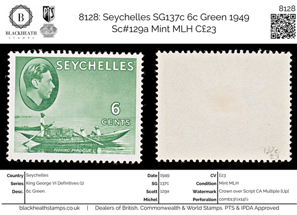 8128: Seychelles SG137c 6c Green 1949 Sc#129a Mint MLH C£23