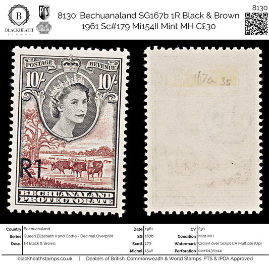 8130: Bechuanaland SG167b 1R Black & Brown 1961 Sc#179 Mi154II Mint MH C£30