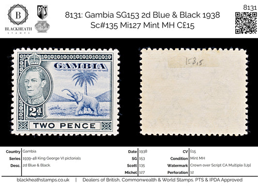 8131: Gambia SG153 2d Blue & Black 1938 Sc#135 Mi127 Mint MH C£15