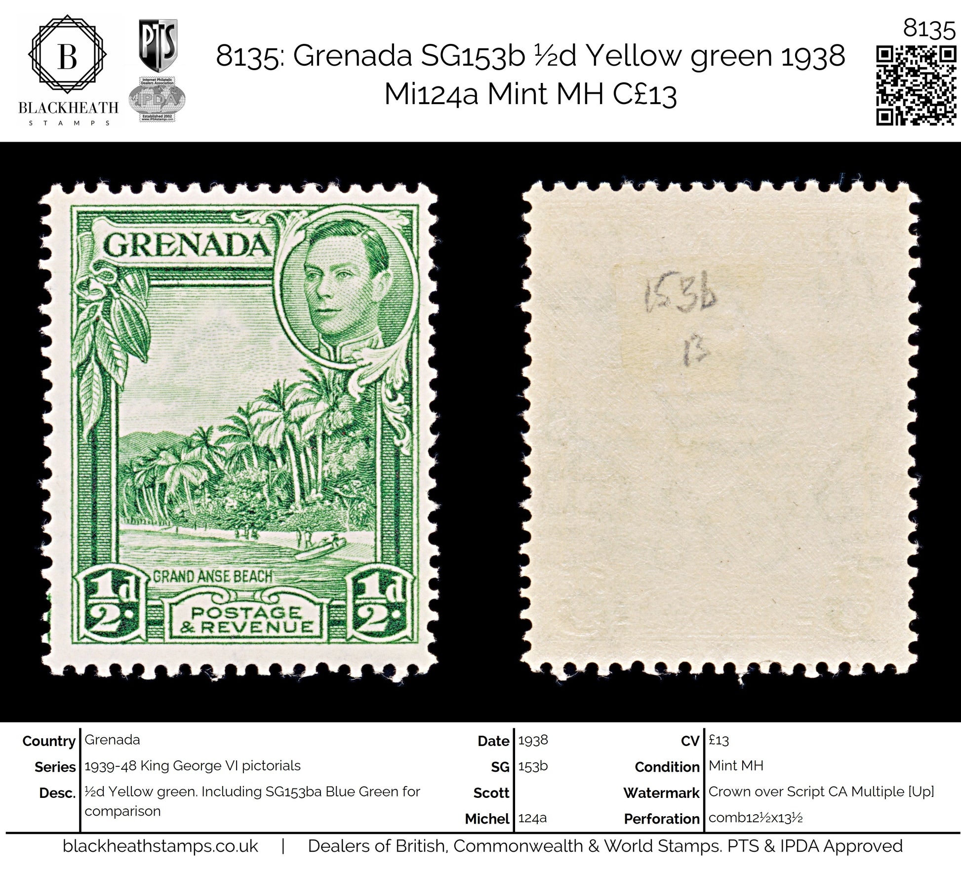 8135: Grenada SG153b ½d Yellow green 1938 Mi124a Mint MH C£13