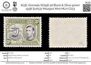 8136: Grenada SG158 3d Black & Olive green 1938 Sc#137 Mi129aA Mint MLH C£23