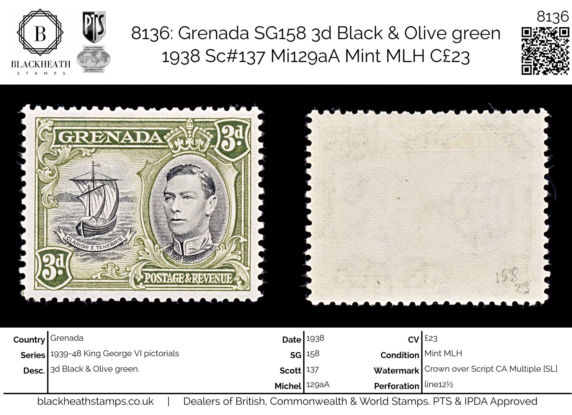 8136: Grenada SG158 3d Black & Olive green 1938 Sc#137 Mi129aA Mint MLH C£23