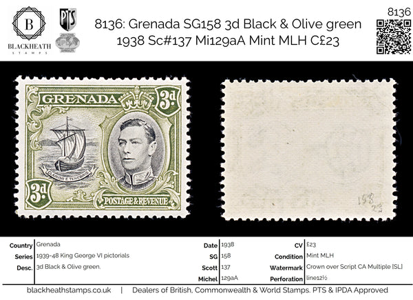 8136: Grenada SG158 3d Black & Olive green 1938 Sc#137 Mi129aA Mint MLH C£23