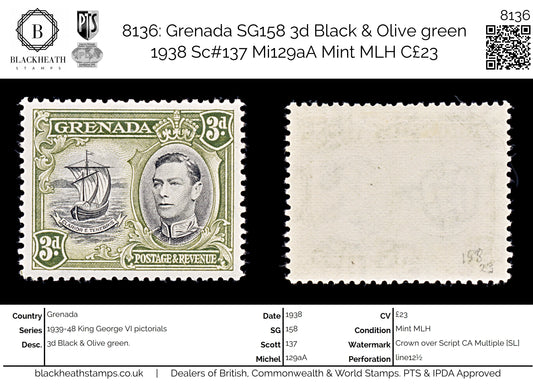 8136: Grenada SG158 3d Black & Olive green 1938 Sc#137 Mi129aA Mint MLH C£23