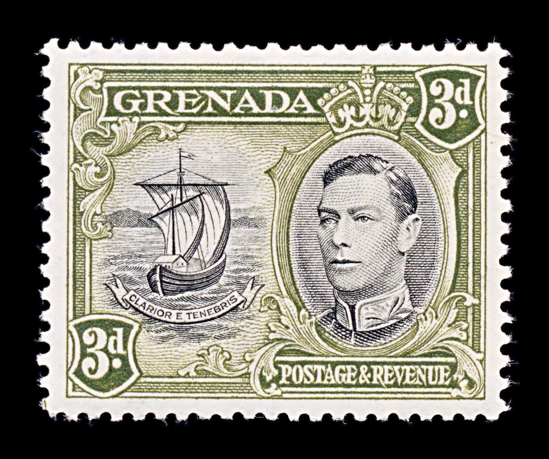 8136: Grenada SG158 3d Black & Olive green 1938 Sc#137 Mi129aA Mint MLH C£23
