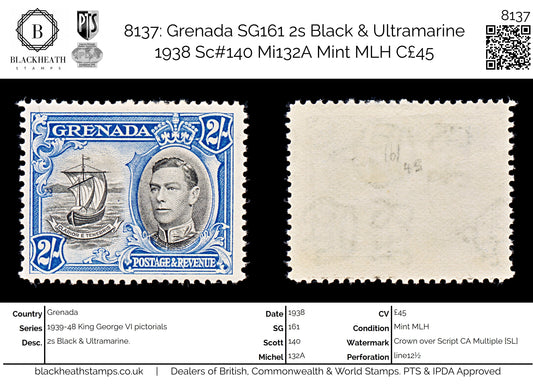 8137: Grenada SG161 2s Black & Ultramarine 1938 Sc#140 Mi132A Mint MLH C£45