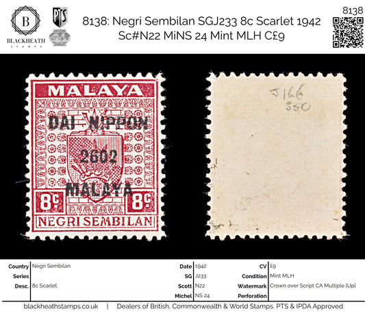 8138: Negri Sembilan SGJ233 8c Scarlet 1942 Sc#N22 MiNS 24 Mint MLH C£9