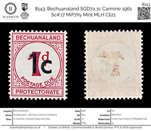 8143: Bechuanaland SGD7a 1c Carmine 1961 Sc#J7 MiP7IIy Mint MLH C£21