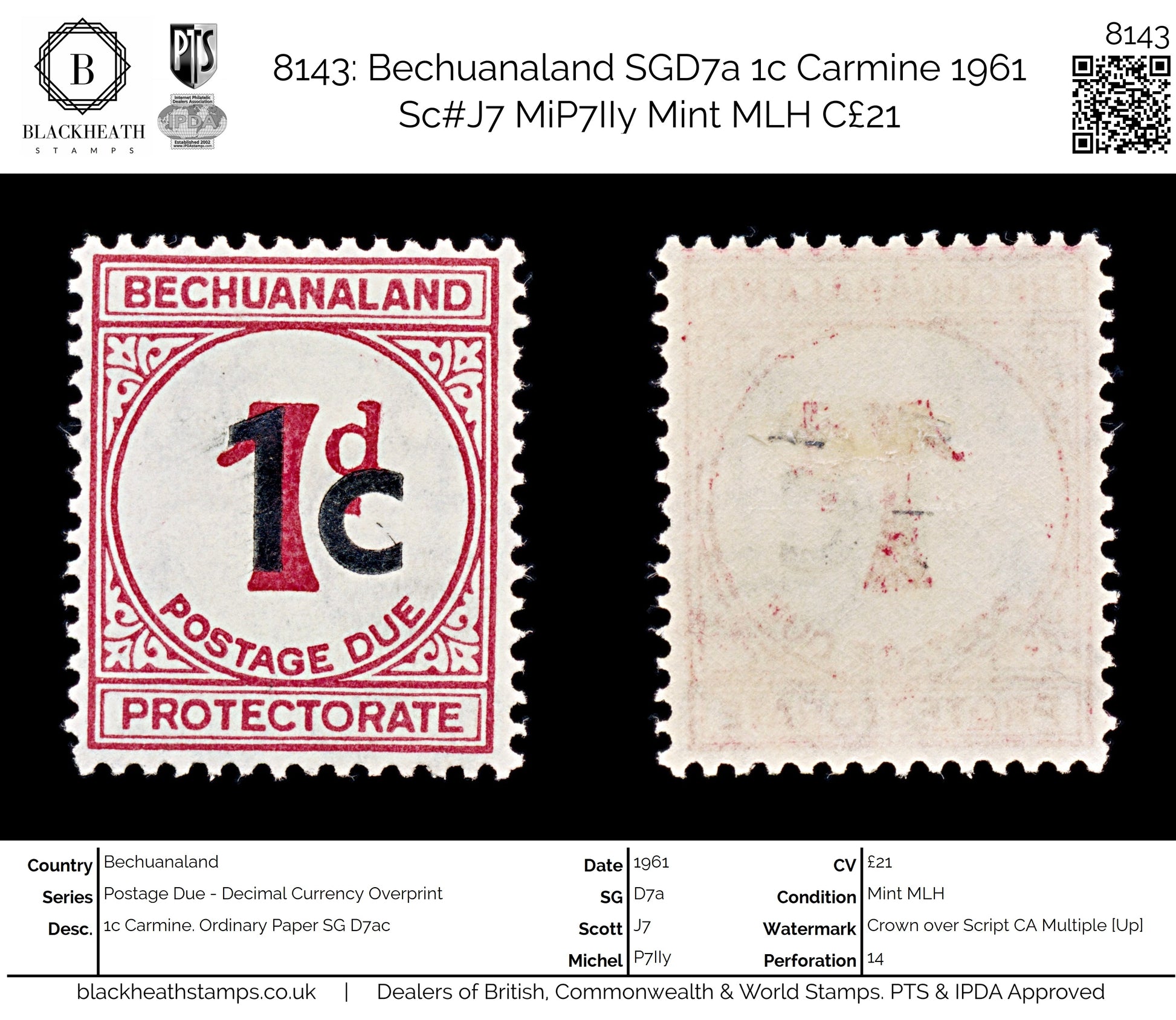 8143: Bechuanaland SGD7a 1c Carmine 1961 Sc#J7 MiP7IIy Mint MLH C£21