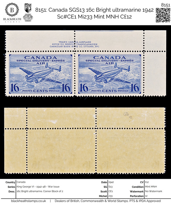 8151: Canada SGS13 16c Bright ultramarine 1942 Sc#CE1 Mi233 Mint MNH C£12