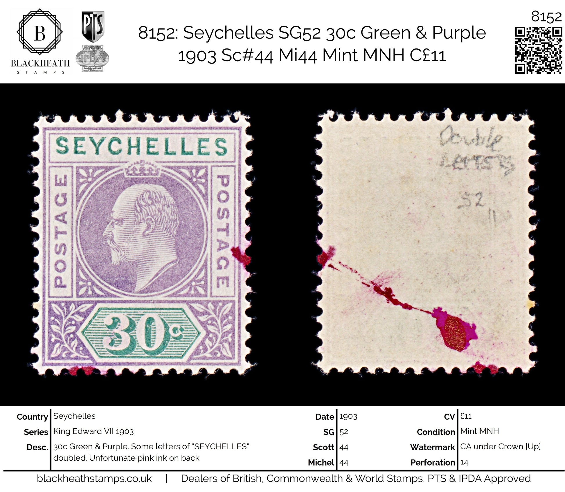 8152: Seychelles SG52 30c Green & Purple 1903 Sc#44 Mi44 Mint MNH C£11