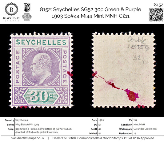8152: Seychelles SG52 30c Green & Purple 1903 Sc#44 Mi44 Mint MNH C£11