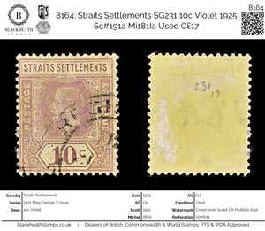 8164: Straits Settlements SG231 10c Violet 1925 Sc#191a Mi181Ia Used C£17