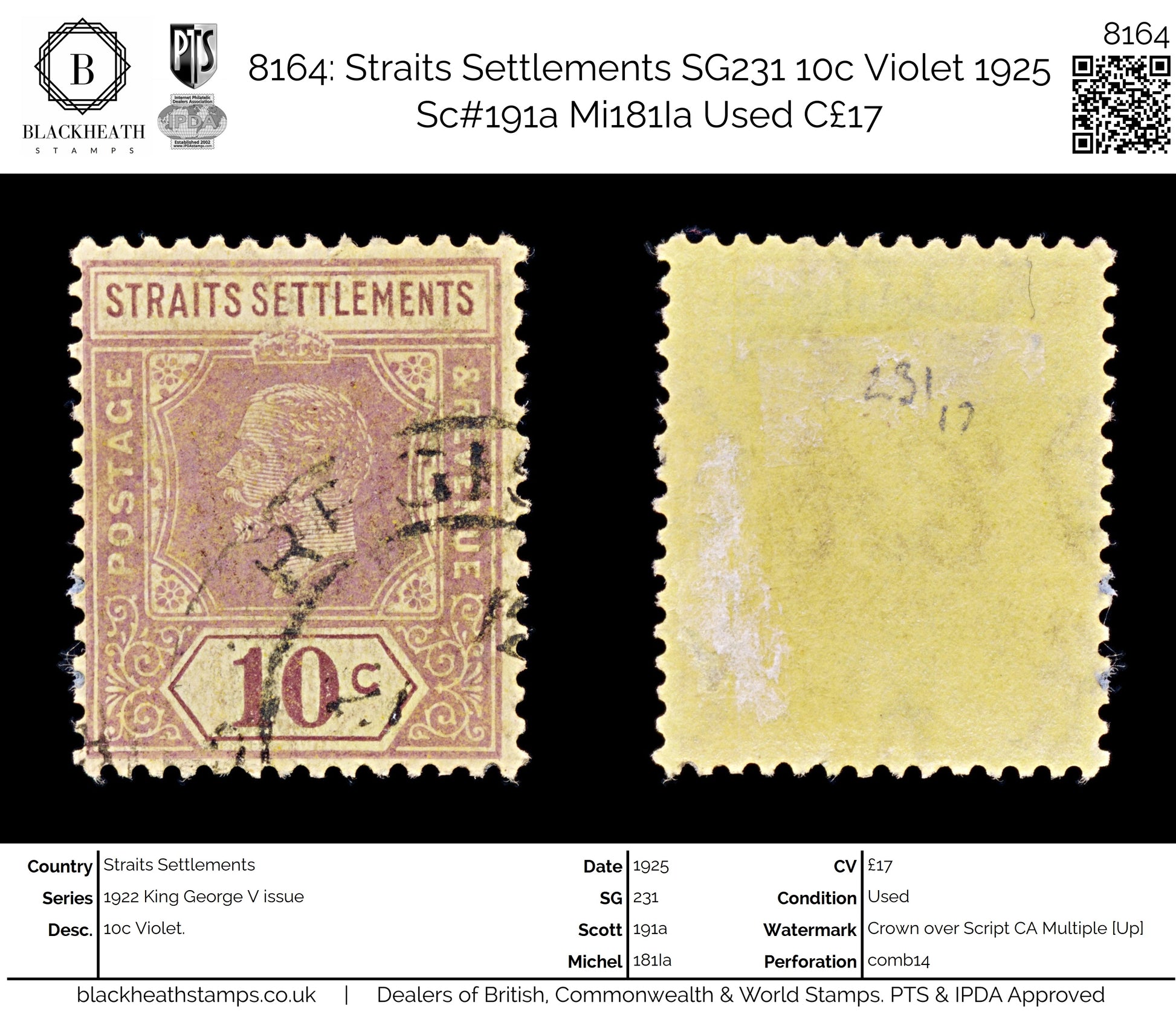 8164: Straits Settlements SG231 10c Violet 1925 Sc#191a Mi181Ia Used C£17