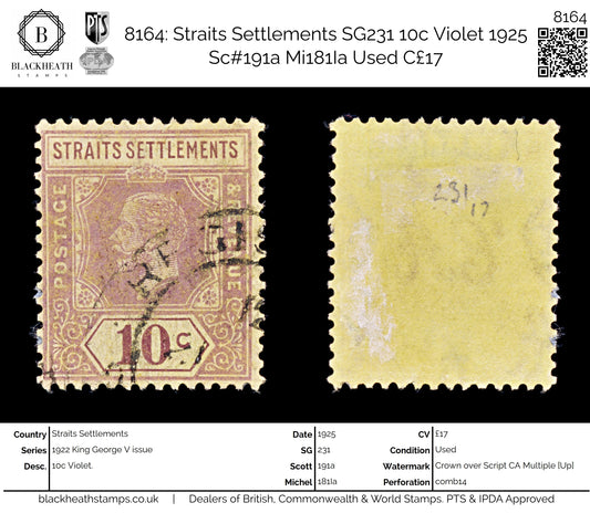 8164: Straits Settlements SG231 10c Violet 1925 Sc#191a Mi181Ia Used C£17
