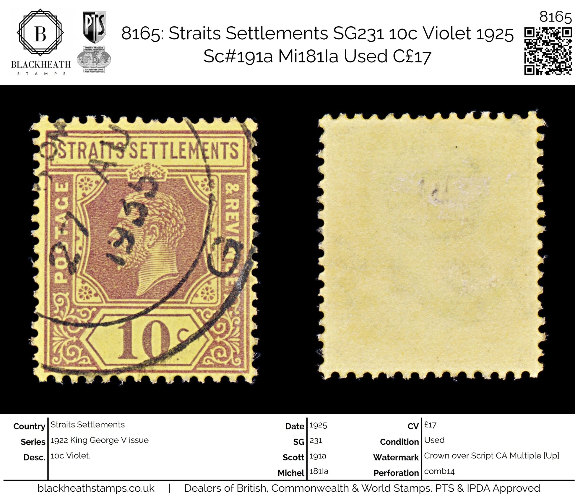 8165: Straits Settlements SG231 10c Violet 1925 Sc#191a Mi181Ia Used C£17
