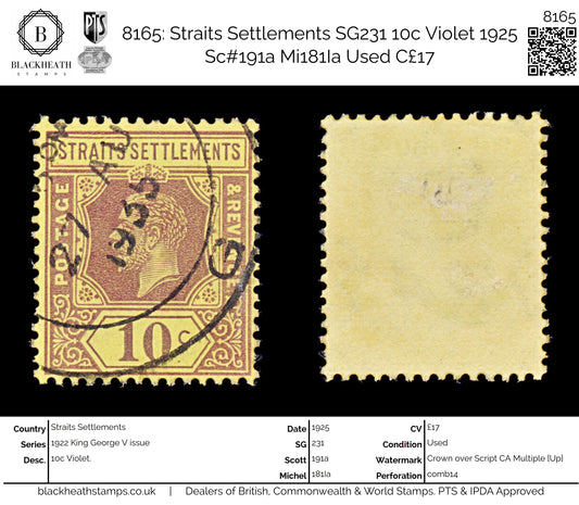 8165: Straits Settlements SG231 10c Violet 1925 Sc#191a Mi181Ia Used C£17